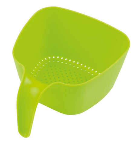 Large green colander with easy-hold handle, stackable design, and steam-free pouring corners.