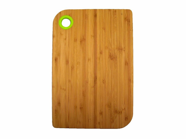 Large bamboo cutting board with green silicone trim, 200 x 300mm, eco-friendly and non-slip for safe food prep.