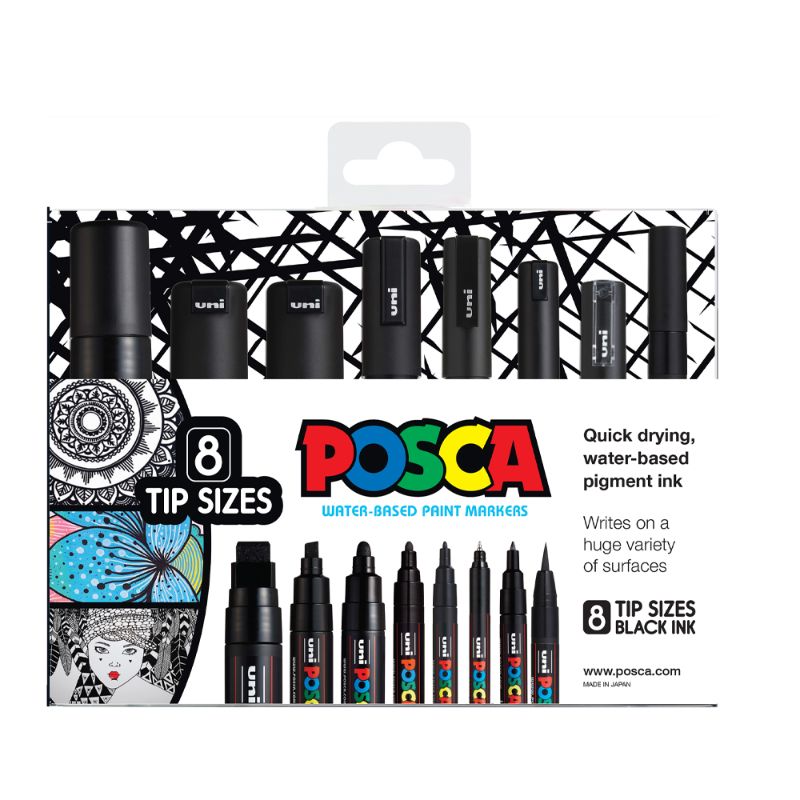 Uni Posca Marker Black Set, 8 tip sizes for versatile artistic expression on various surfaces.