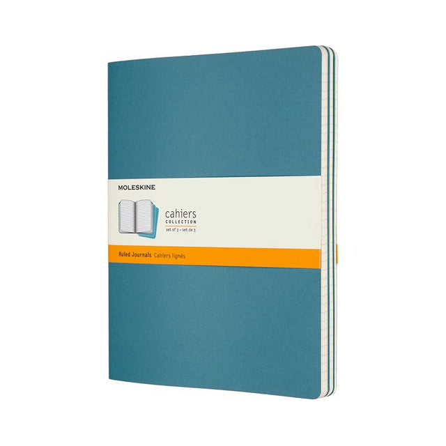 Moleskine Cahier Journal XL in brisk blue, pack of 3, ideal for writing, sketching, and jotting down ideas.