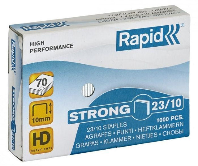 Box of 1000 strong 23/10mm staples, ideal for heavy-duty stapling up to 70 sheets.