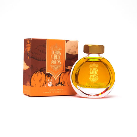 Pumpkin Patch fountain pen ink in a stylish 38ml bottle, featuring rich orange tones and a secure brass cap.
