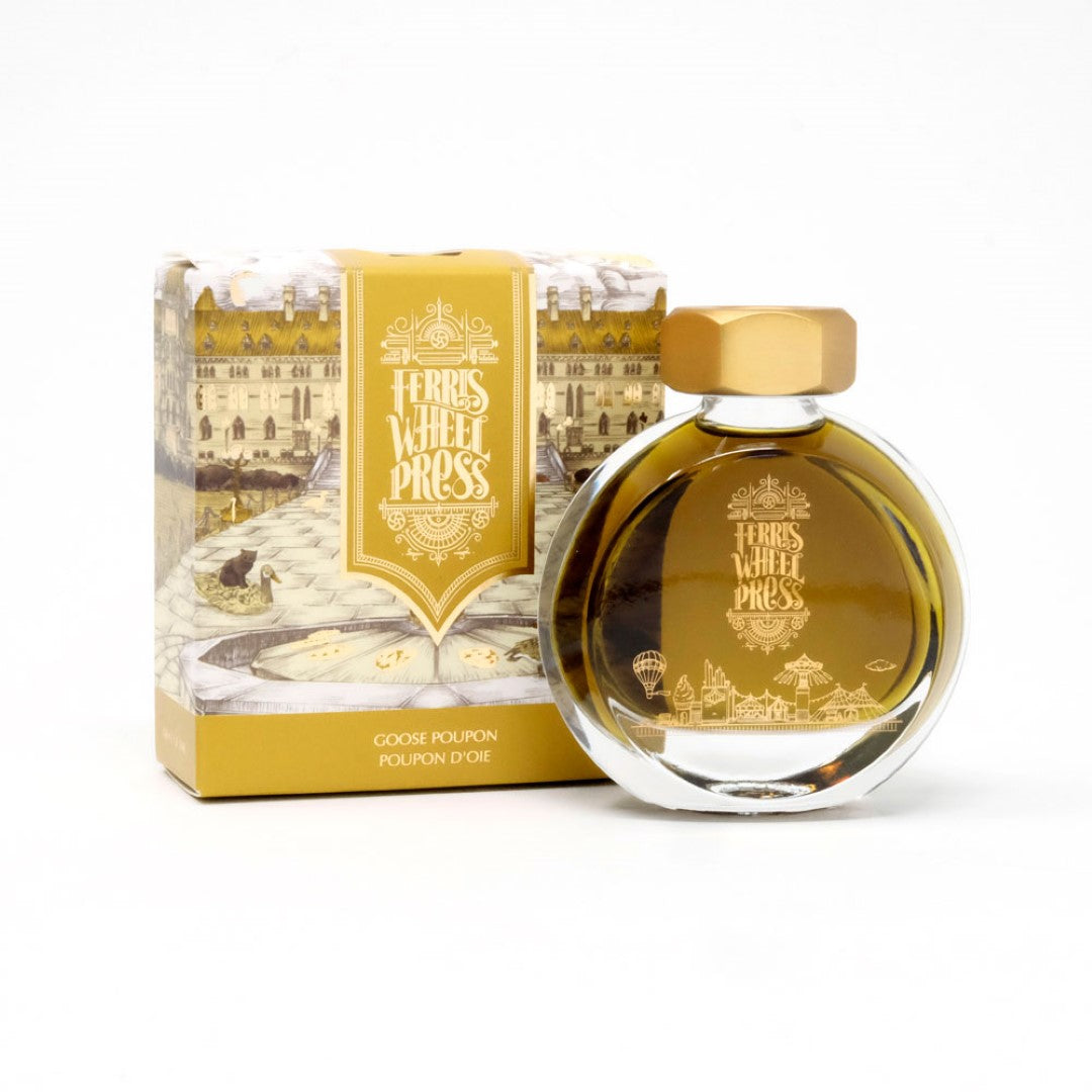 Ferris Wheel Press Goose Poupon fountain pen ink in luxurious golden-yellow, perfect for calligraphy and artistic writing.