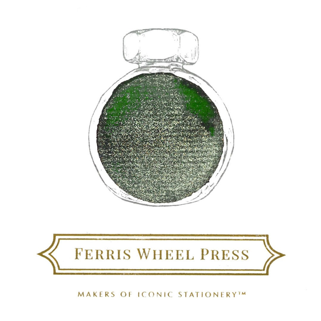 Ferris Wheel Press Moonlit Jade ink, a shimmering aged jade hue in a 38ml bottle, perfect for elegant writing and artistry.