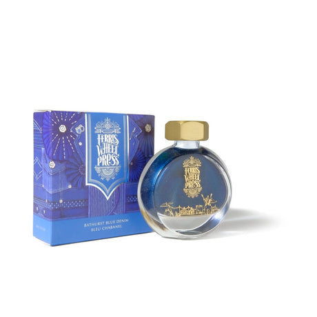 Ferris Wheel Press Bathurst Blue Denim fountain pen ink in a stylish 38ml bottle, featuring a vibrant denim hue with silver undertones.