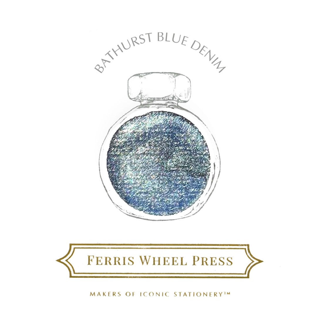Ferris Wheel Press Bathurst Blue Denim fountain pen ink in a 38ml bottle, showcasing a medium denim hue with silver undertones.