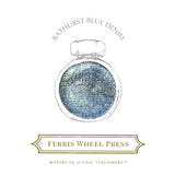 Ferris Wheel Press Bathurst Blue Denim fountain pen ink in a 38ml bottle, showcasing a medium denim hue with silver undertones.