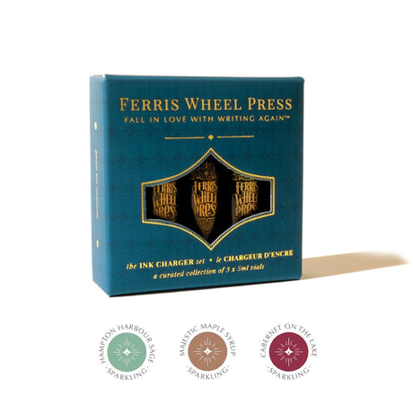Ferris Wheel Press Ink Charger Set featuring three 5ml vials in nature-inspired hues for creative writing and art.