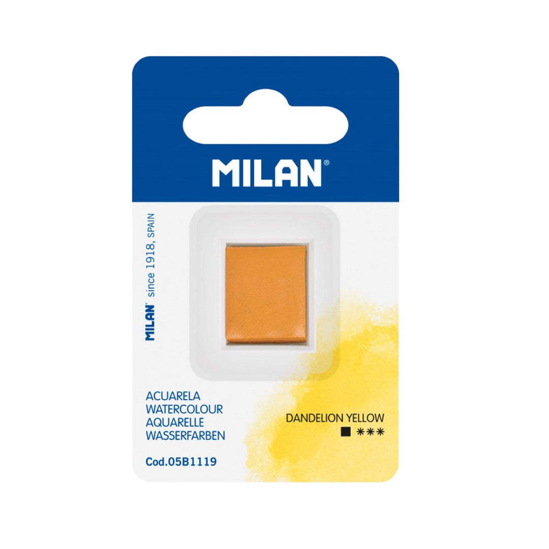 Milan Watercolour Half Pan Refill in Dandelion Yellow, vibrant and non-toxic, ideal for landscapes and floral artwork.