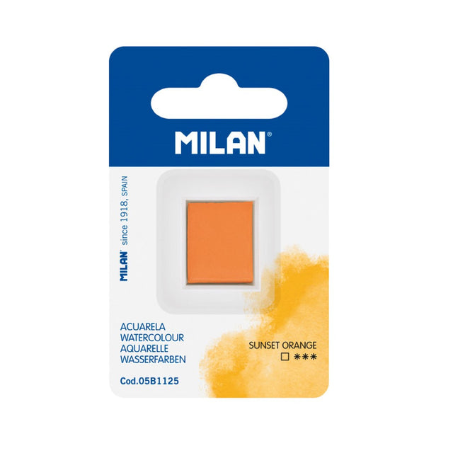 Milan Sunset Orange watercolour paint half pan refill, vibrant, non-toxic, fade-resistant, perfect for artists.