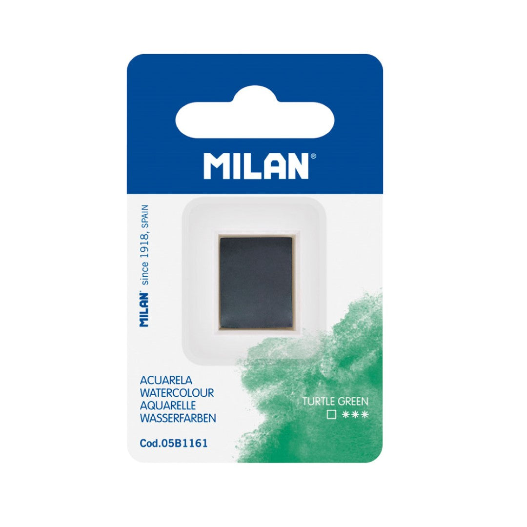 Milan Turtle Green watercolour half pan refill, featuring vibrant, non-toxic pigments for stunning, durable artwork.