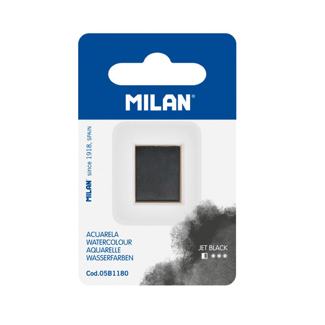 Milan Jet Black Watercolour Half Pan Refill, non-toxic, high opacity, compact, ideal for rich, bold watercolor techniques.