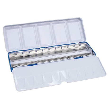 Milan Paint Palette with 24 compartments, durable metal design, blue exterior, and double lid for mixing and protection.