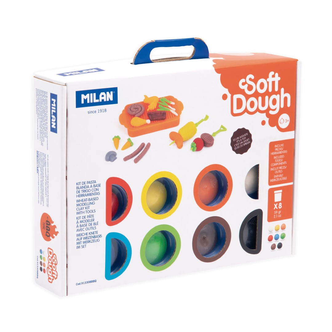 Milan Soft Dough BBQ Time Play Kit with 8 vibrant colors and 13 tools for imaginative culinary play and motor skill development.