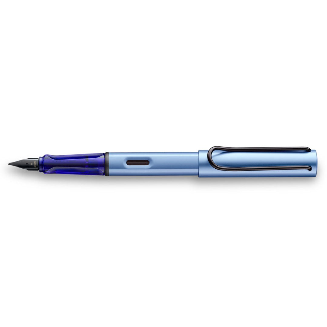 Lamy Al-Star LE Aquatic Fine Fountain Pen in metallic aquatic blue, showcasing elegant design and smooth writing experience.