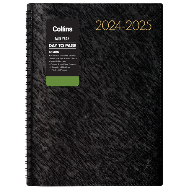 Collins Diary A51 Mid Year 2024/2025 day-per-page planner with stylish cover, elastic closure, and ribbon marker.