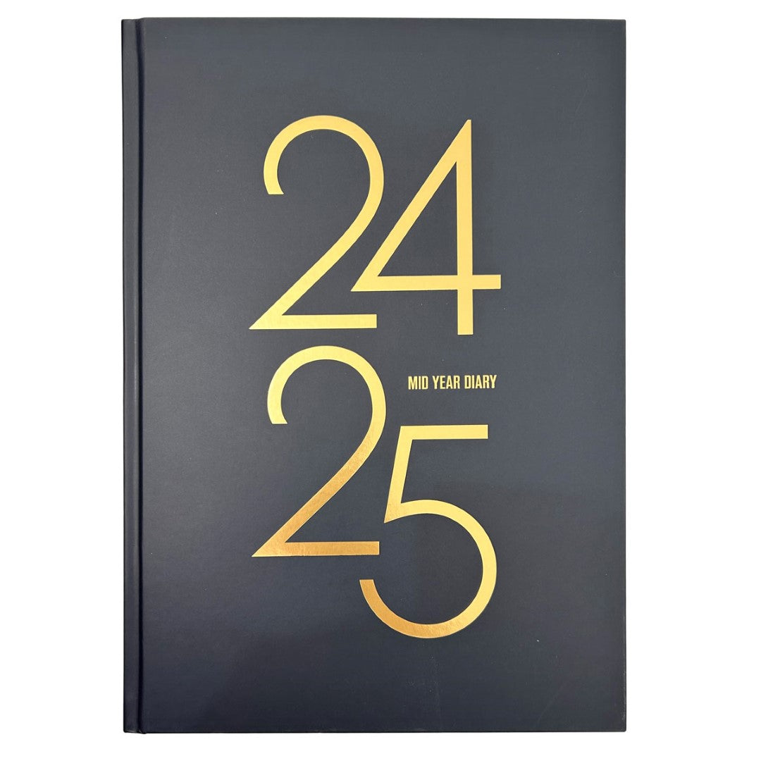 Collins Diary A5 2024/2025 with chic design, day-per-page layout, ribbon marker, and gold foiled details.