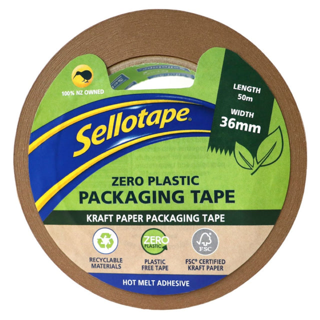 Eco-friendly Sellotape Zero Plastic Kraft Paper Tape, 36mm x 50m, perfect for packaging, crafts, and reducing plastic waste.