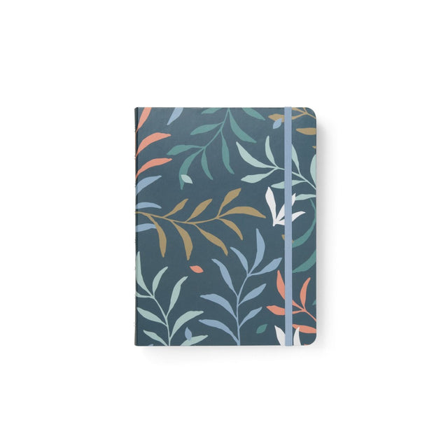 A5 refillable notebook with a botanical blue cover, featuring lined pages and a durable twin-wire binding for flat writing.