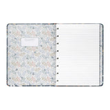 A5 refillable notebook in Botanical Blue with lined pages, twin-wire binding, and elastic closure for organization and creativity.