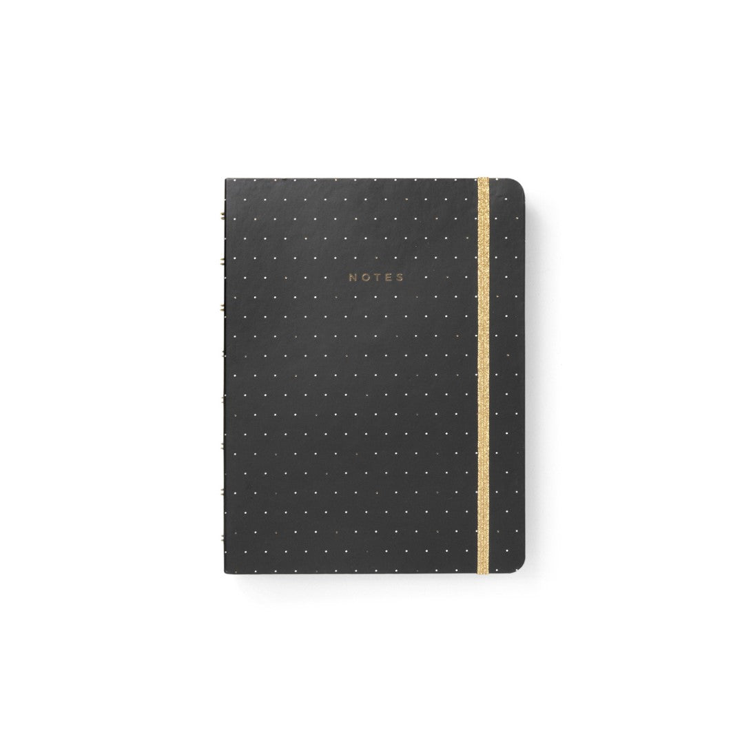 Filofax A5 refillable notebook in Moonlight Black with lined pages, twin-wire binding, and elastic closure for secure writing.