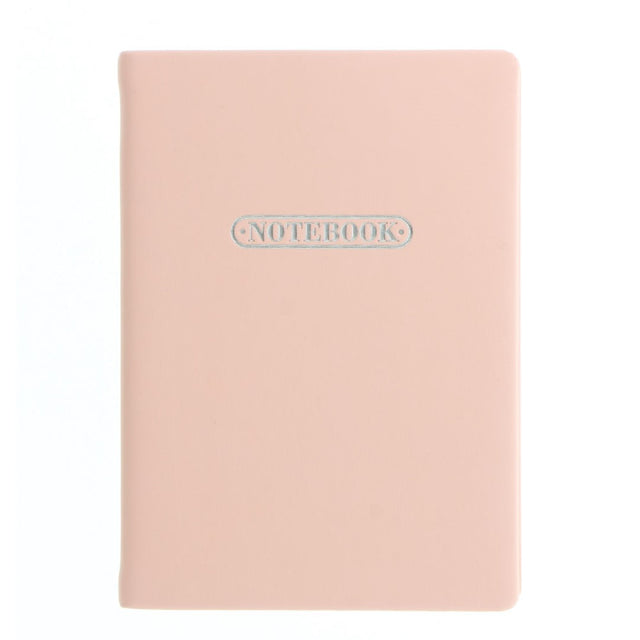 A6 ruled notebook in pastel peach with 192 pages, premium paper, hard case, and elegant silver foil detailing.