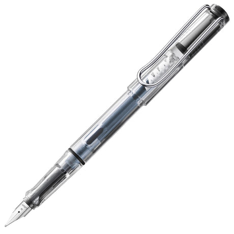 Lamy Safari Fountain Pen Vista with extra fine nib, transparent body, ergonomic grip, and included blue ink cartridge.