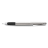 Lamy Studio Fountain Pen in brushed steel with extra fine nib, featuring a chrome propeller clip and smooth writing experience.