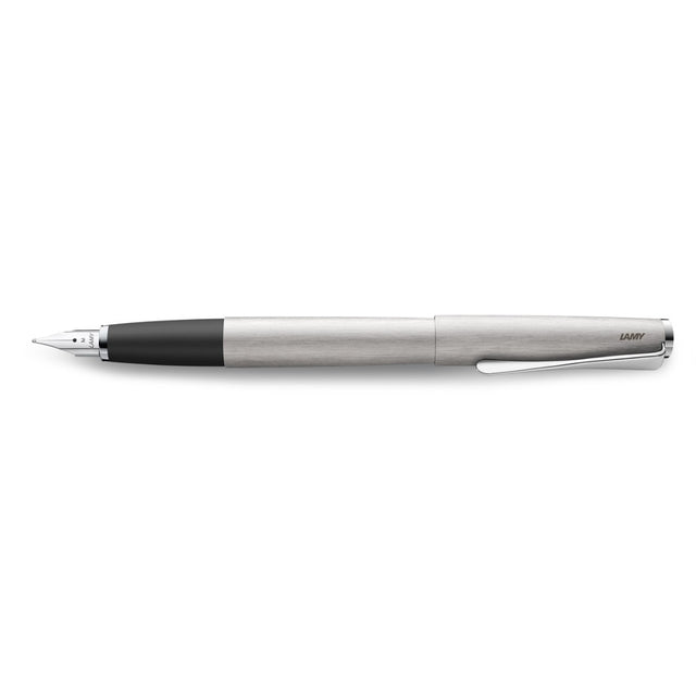 Lamy Studio Fountain Pen in brushed steel with extra fine nib, featuring a chrome propeller clip and smooth writing experience.