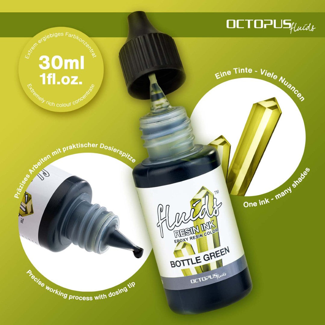 Vibrant green Octopus Fluids Resin Ink in a 30ml bottle, perfect for enhancing resin art and crafting projects.