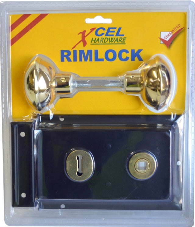 Black double handle rim lock with brass-plated handles, designed for security and style on doors.