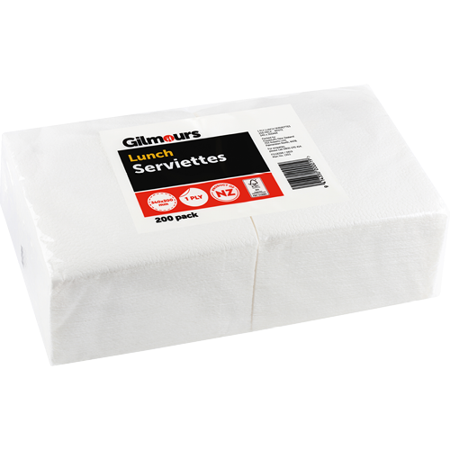 Gilmours 1/4 Fold 1Ply White Lunch Serviettes 340x300mm 200pk