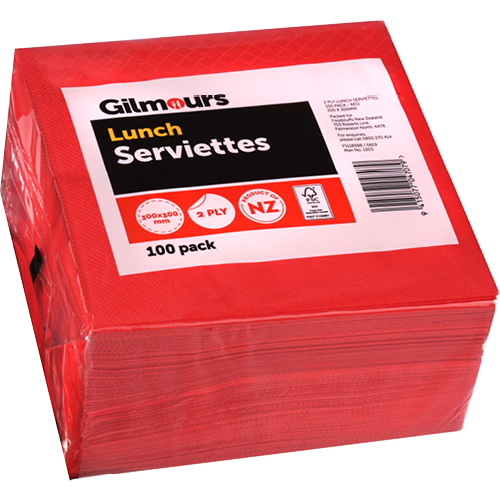 Gilmours 1/4 Fold 2Ply Red Lunch Serviettes 300x300mm 100pk