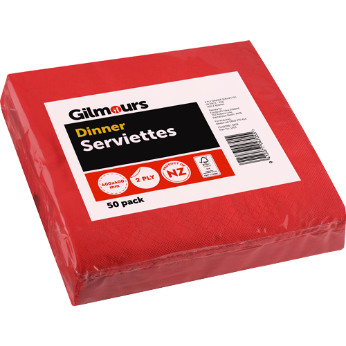 Gilmours 1/4 Fold 2Ply Red Dinner Serviettes 400x400mm 50pk