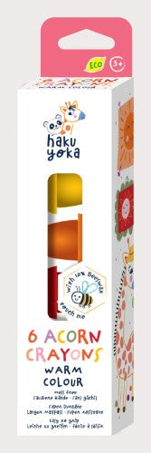 Haku Yoka's eco-friendly 6 Acorn Warm Colours Crayons in vibrant shades, crafted from 10% beeswax for smooth coloring.