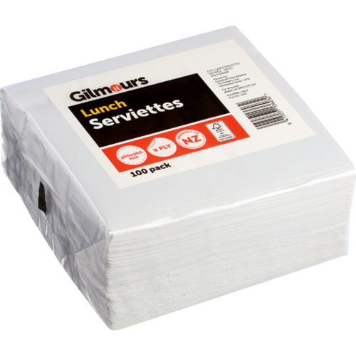 Gilmours 1/4 Fold 2Ply White Lunch Serviettes 300x300mm 100pk