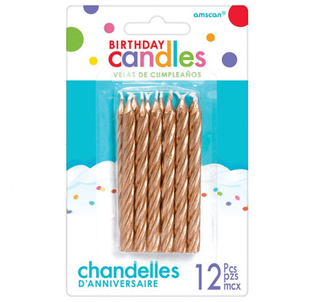 Rose gold spiral glitter candles, pack of 12, 8cm each, perfect for adding elegance to any celebration cake.