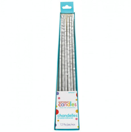 Elegant silver taper candles, 25cm long, ideal for enhancing dining settings and special occasions in a pack of 12.