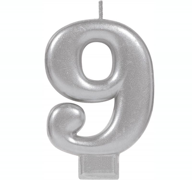 Elegant #9 silver metallic numeral candle, 8cm tall, perfect for birthdays and celebrations.