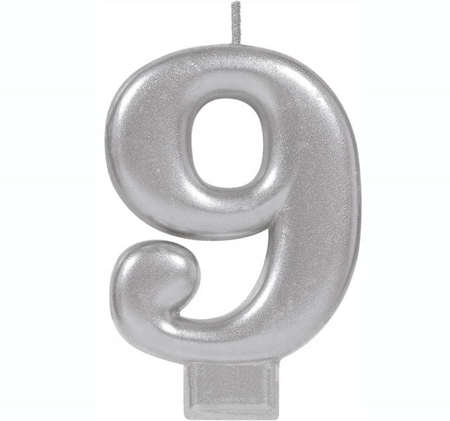 Elegant #9 silver metallic numeral candle, 8cm tall, perfect for birthdays and celebrations.
