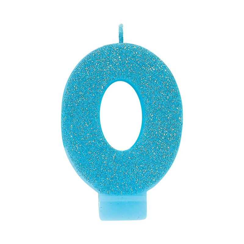 Blue glitter numeral candle #0, 8cm tall, ideal for birthday cakes and celebrations, adding sparkle and vibrancy.