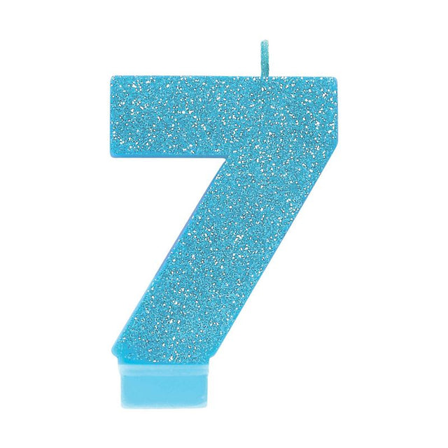 Blue glitter #7 candle, 8cm tall, perfect for birthday cakes and celebrations, adding sparkle to any occasion.