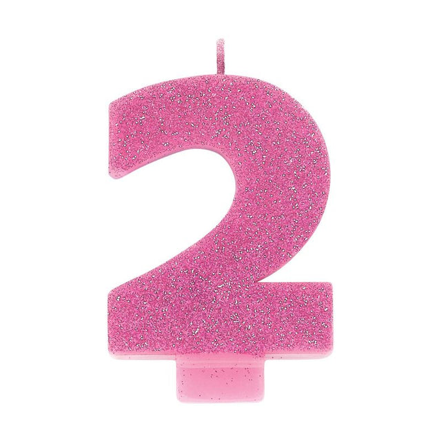 #2 Pink Glitter Numeral Candle in vibrant pink, 8cm tall, perfect for kids' birthdays and festive celebrations.