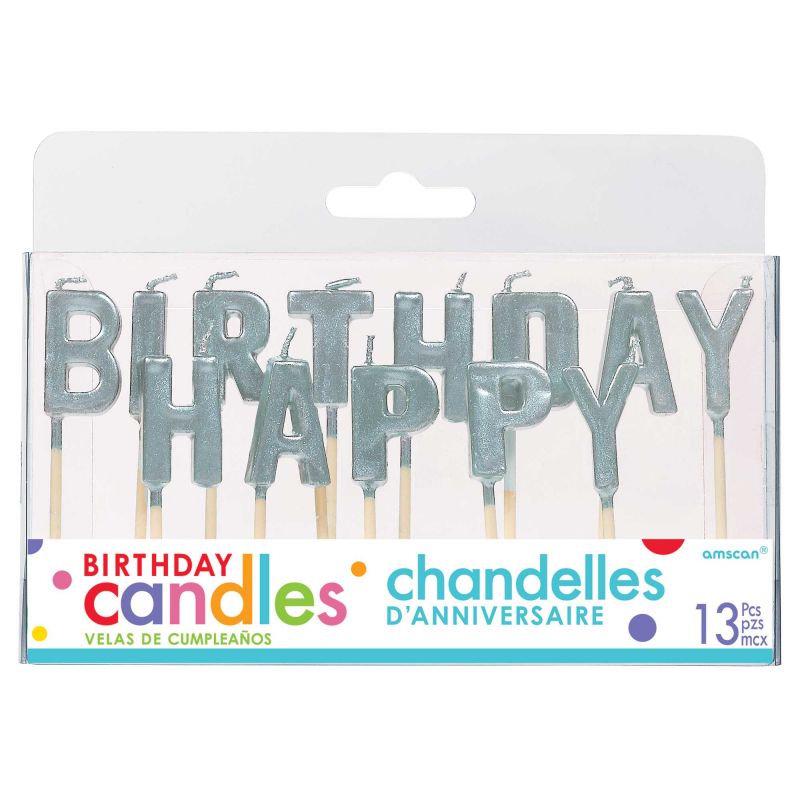 Elegant silver birthday pick candles for a glamorous cake decoration, pack of 13, perfect for memorable celebrations.