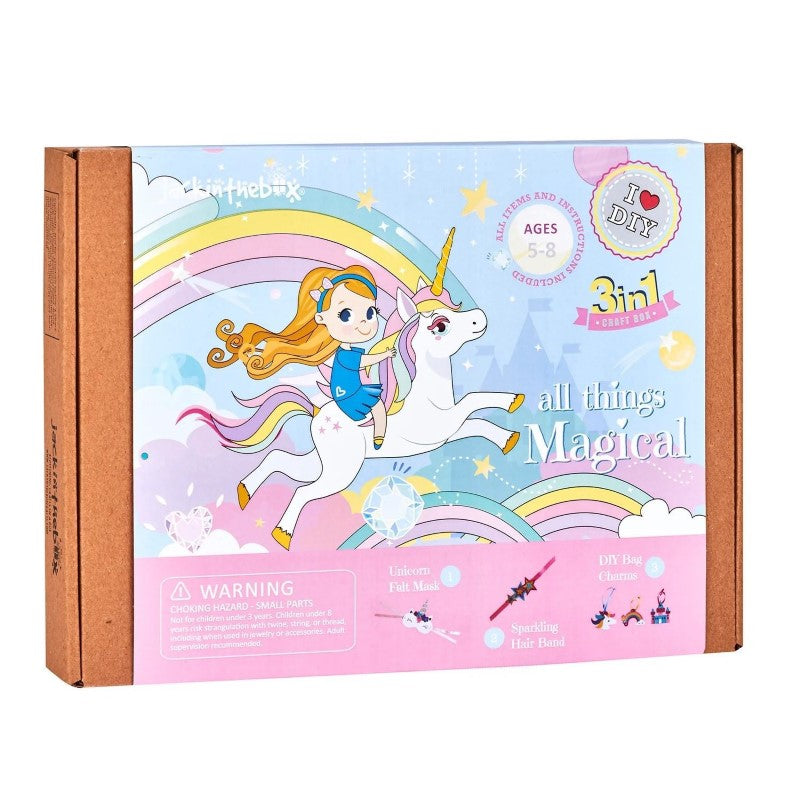 3-in-1 unicorn-themed craft box including a felt mask, rainbow nameboard, and starry wand for creative play.