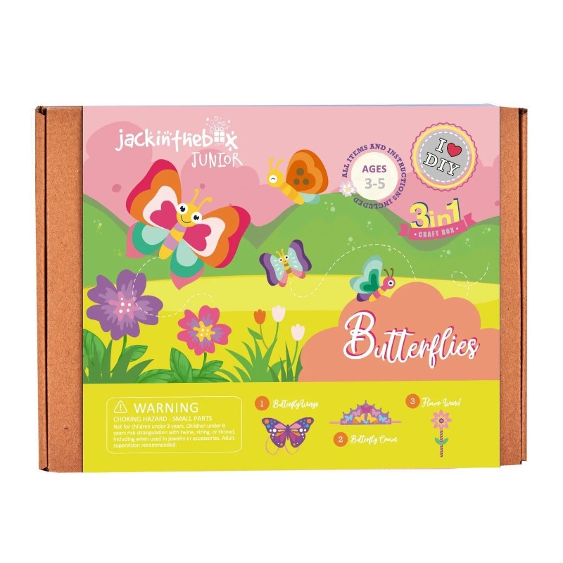 3-in-1 craft box featuring butterfly wings, crown, and flower wand for creative kids' DIY projects.