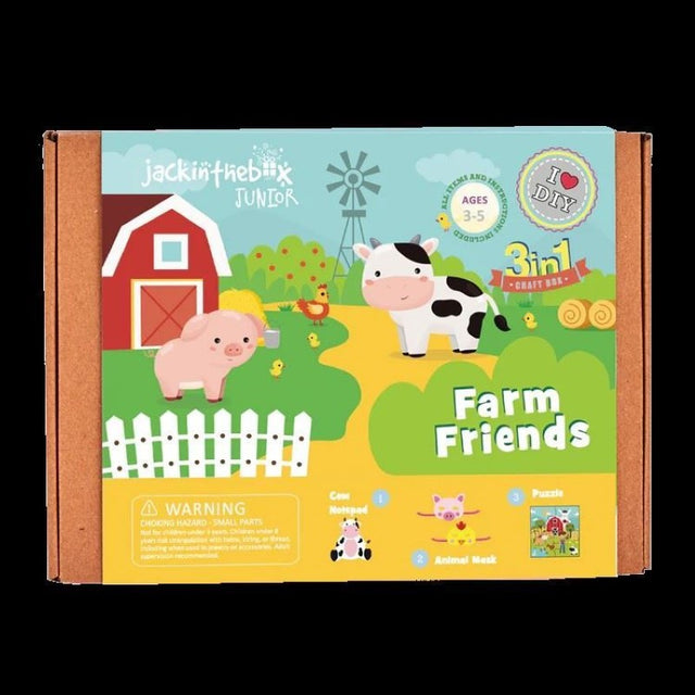 3-in-1 craft box features fun farm-themed activities for kids: a cow notepad, animal masks, and a farm puzzle.