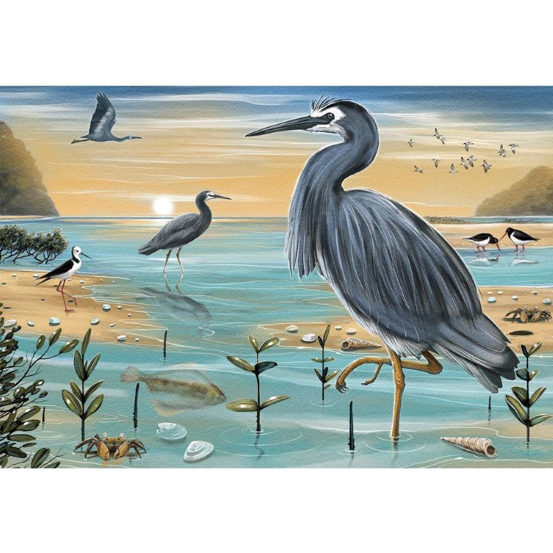 Jigsaw puzzle featuring New Zealand's native bird life, 'Heron's Strut' by artist Ned Barraud, eco-friendly design.