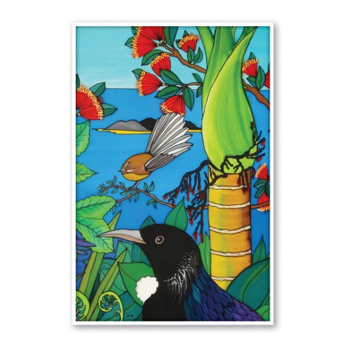 Jo May Kiwiana Large Framed Canvas Print - Tui & Fantail