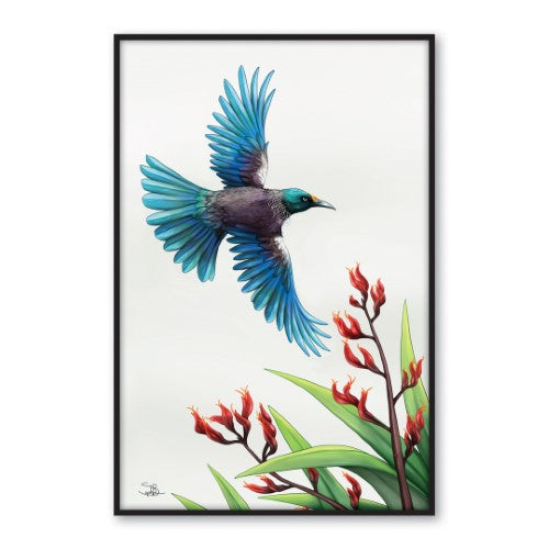 Sophie Blokker Kiwiana Framed Canvas Print Large - Tui in Flight